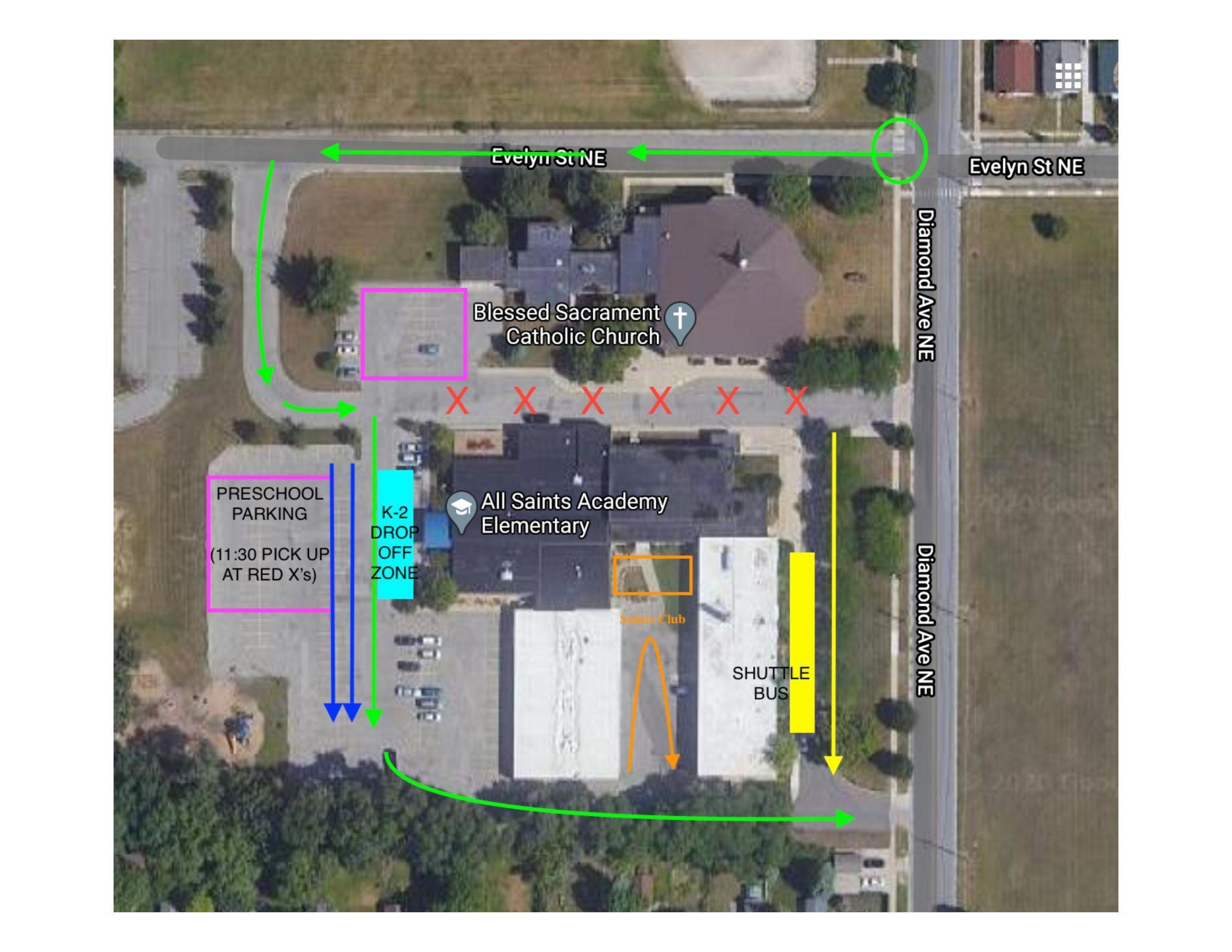 Lower school pick up and drop off map.